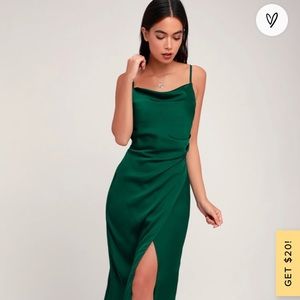 Forest green satin midi wrap dress